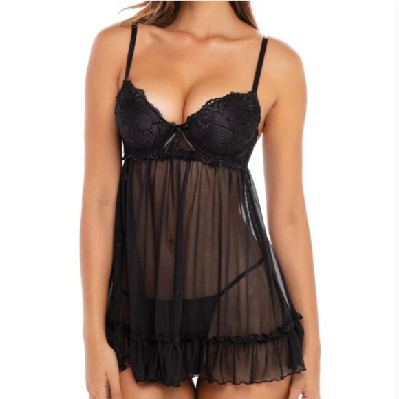 Rene Rofe Push Up Babydoll with G-String Thong - 2 Piece Set Black - Picture 1 of 11